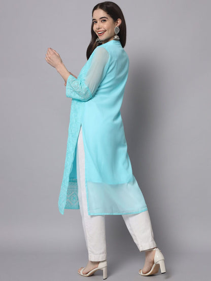 HERE&NOW Women Blue Ethnic Motifs Embroidered Thread Work Georgette Kurta