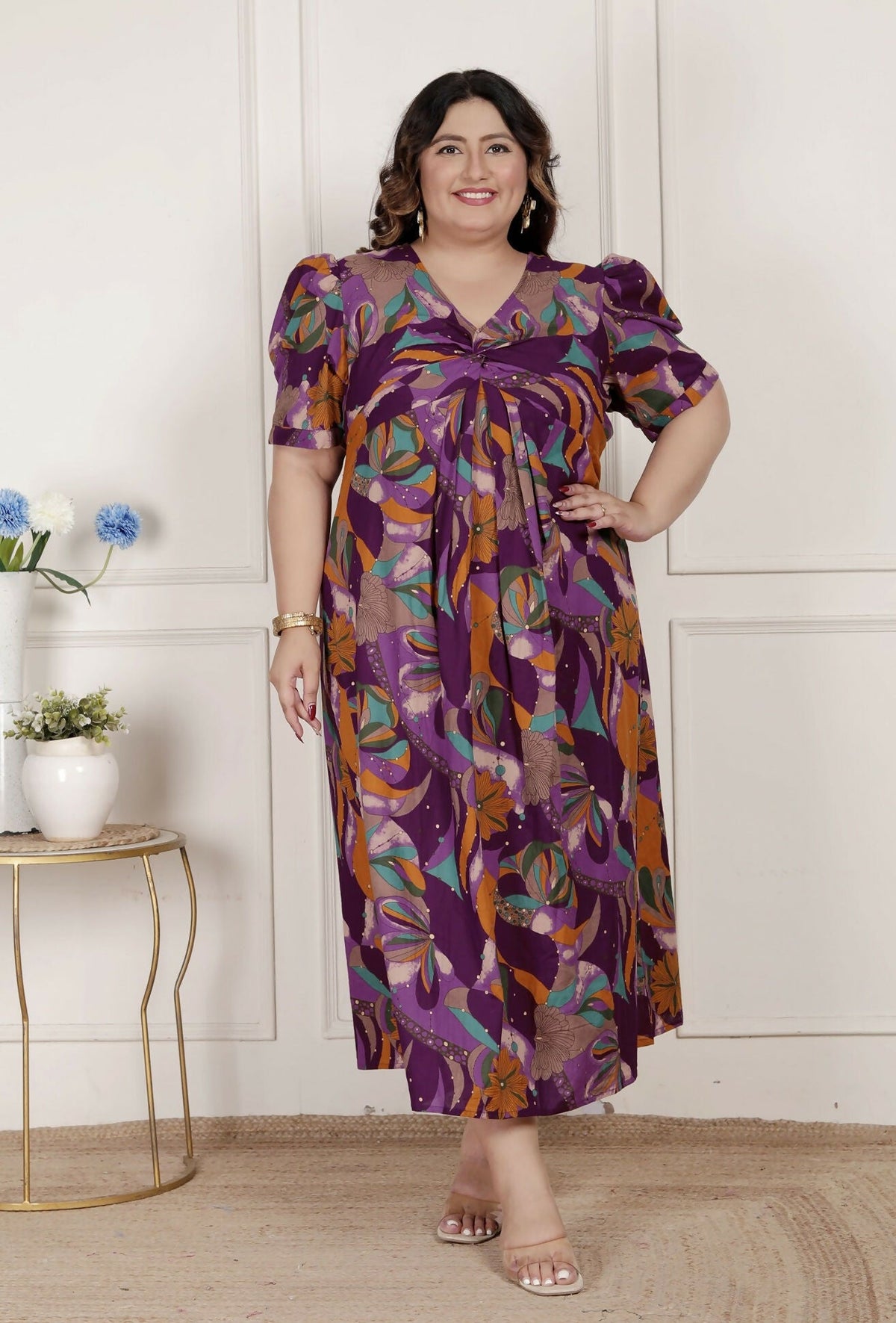 Miravan Womens Plus Size Floral Print Puff Sleeve Pure Cotton Magenta Butterfly Maxi Dress