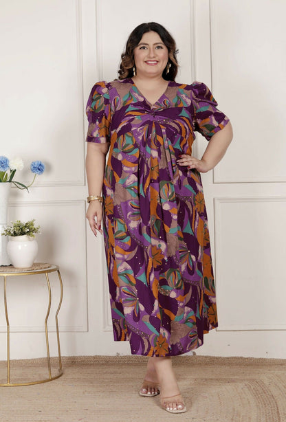 Miravan Womens Plus Size Floral Print Puff Sleeve Pure Cotton Magenta Butterfly Maxi Dress