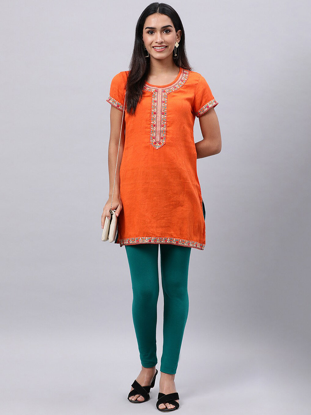 Souchii Orange Floral Embroidered Mirror Work Mirror Work Kurti