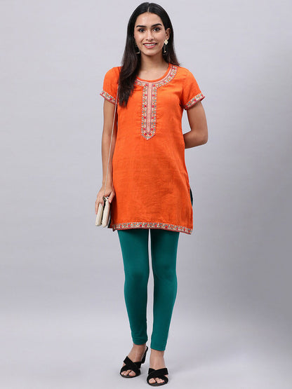 Souchii Orange Floral Embroidered Mirror Work Mirror Work Kurti
