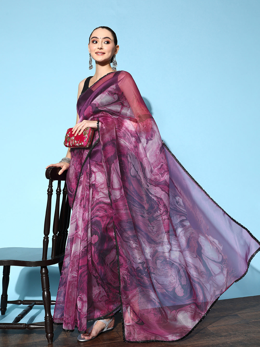 Tikhi Imli Purple & Grey Abstract Print Net Saree