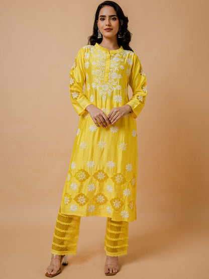 HOUSE OF KARI Floral Embroidered Chanderi Silk Chikankari Kurta