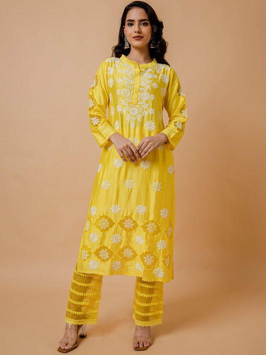 HOUSE OF KARI Floral Embroidered Chanderi Silk Chikankari Kurta