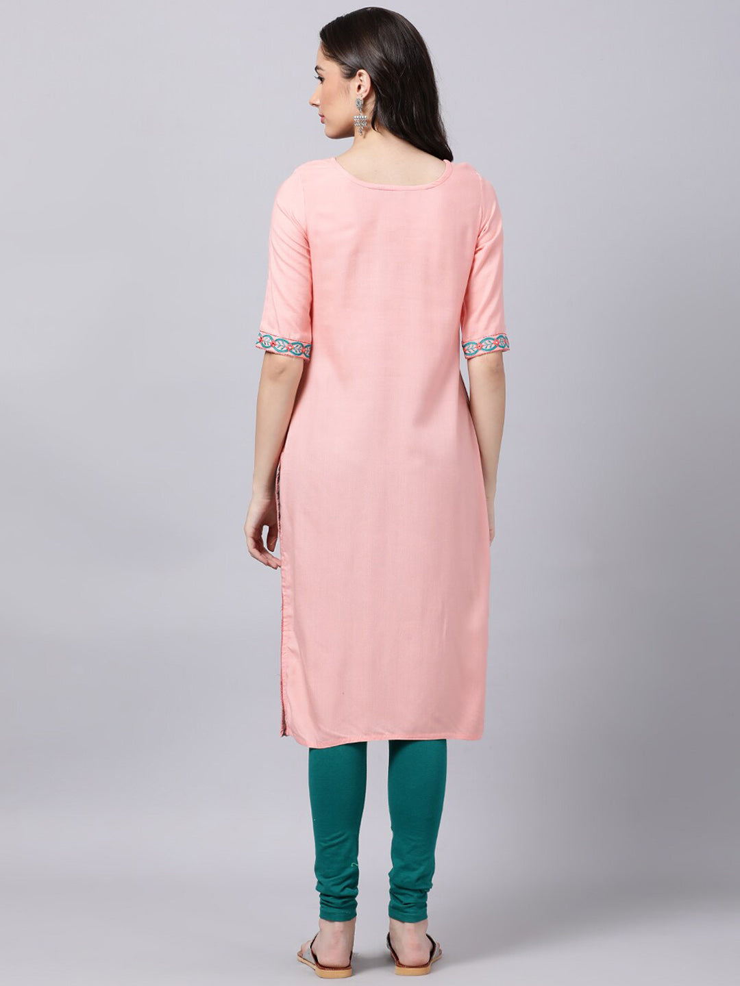 Souchii Women Peach-Coloured & Blue Ethnic Motifs Yoke Design Thread Work Pastels Kurta