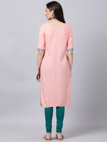 Souchii Women Peach-Coloured & Blue Ethnic Motifs Yoke Design Thread Work Pastels Kurta