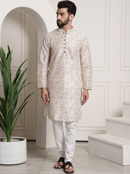 Sojanya Men Cream-Coloured & Brown Silk Cotton Printed Regular Kurta with Churidar