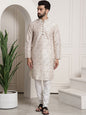 Sojanya Men Cream-Coloured & Brown Silk Cotton Printed Regular Kurta with Churidar