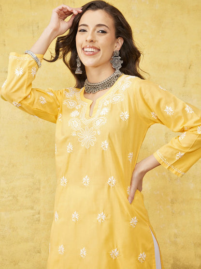 ADA Women Yellow & White Chikankari Embroidered Straight Sustainable Handloom Kurta