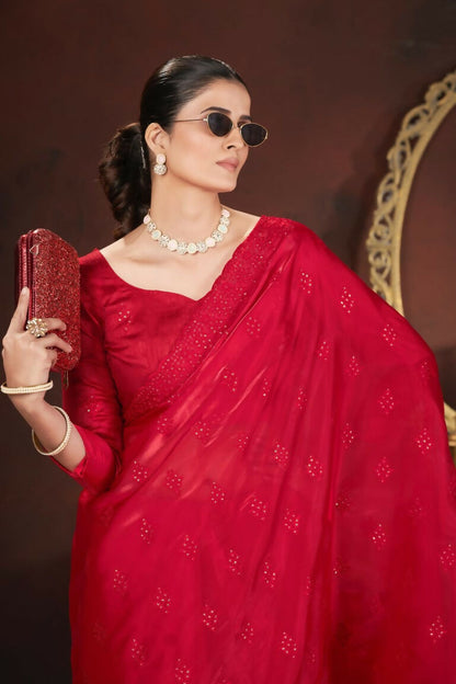 Vastranavya Red Jimmy Choo Silk 3mm Sequence work with Cross Stitch Embroidery work & Cutwork Border Saree