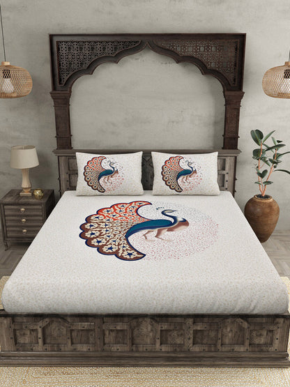 JAIPUR FABRIC Off White & Red Printed 240 TC Cotton King Bedsheet with 2 Pillow Covers