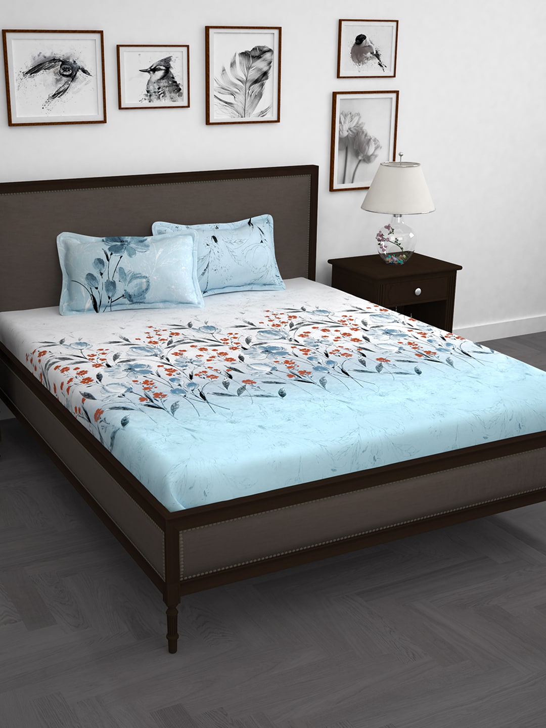 Story@home White & Blue Floral 210 TC Cotton 1 King Bedsheet with 2 Pillow Covers