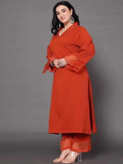 Sztori Plus Size V Neck Regular Silk Crepe Straight Kurta with Trousers