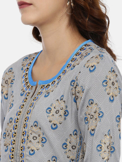 Souchii Grey & Gold Printed Straight Kurta