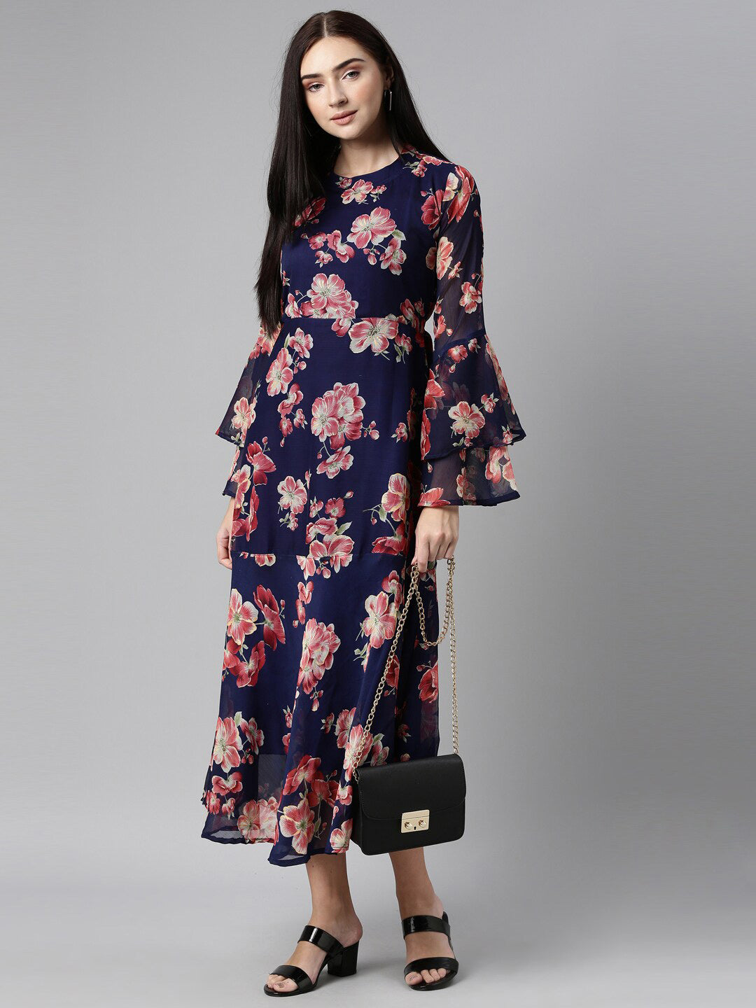Souchii Floral Printed Round Neck Midi Dress