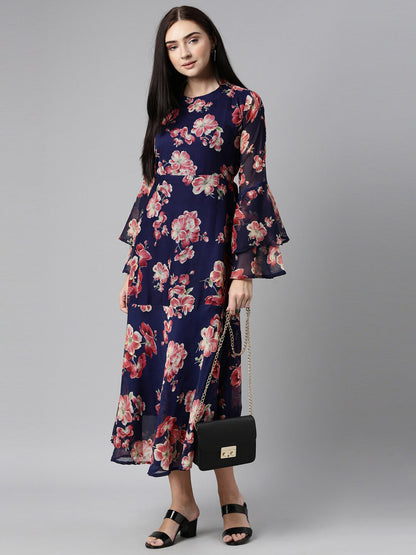 Souchii Floral Printed Round Neck Midi Dress