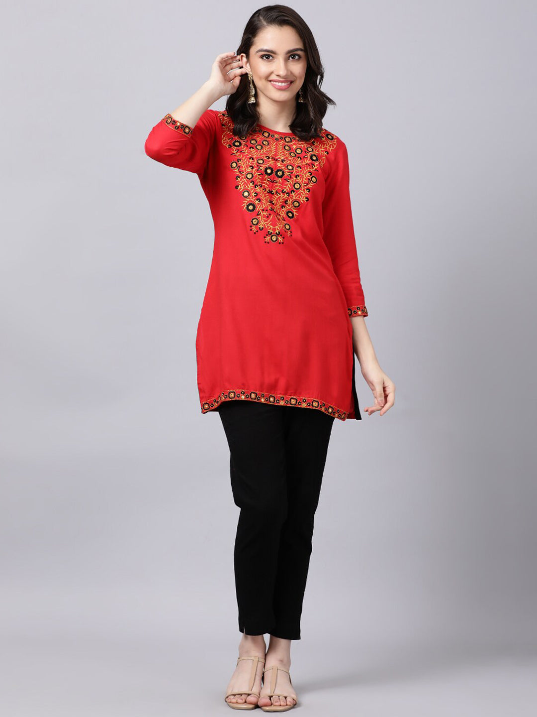 Souchii Women Red Yoke Design Thread Work Grandeur & Majestic Artwork Kurta