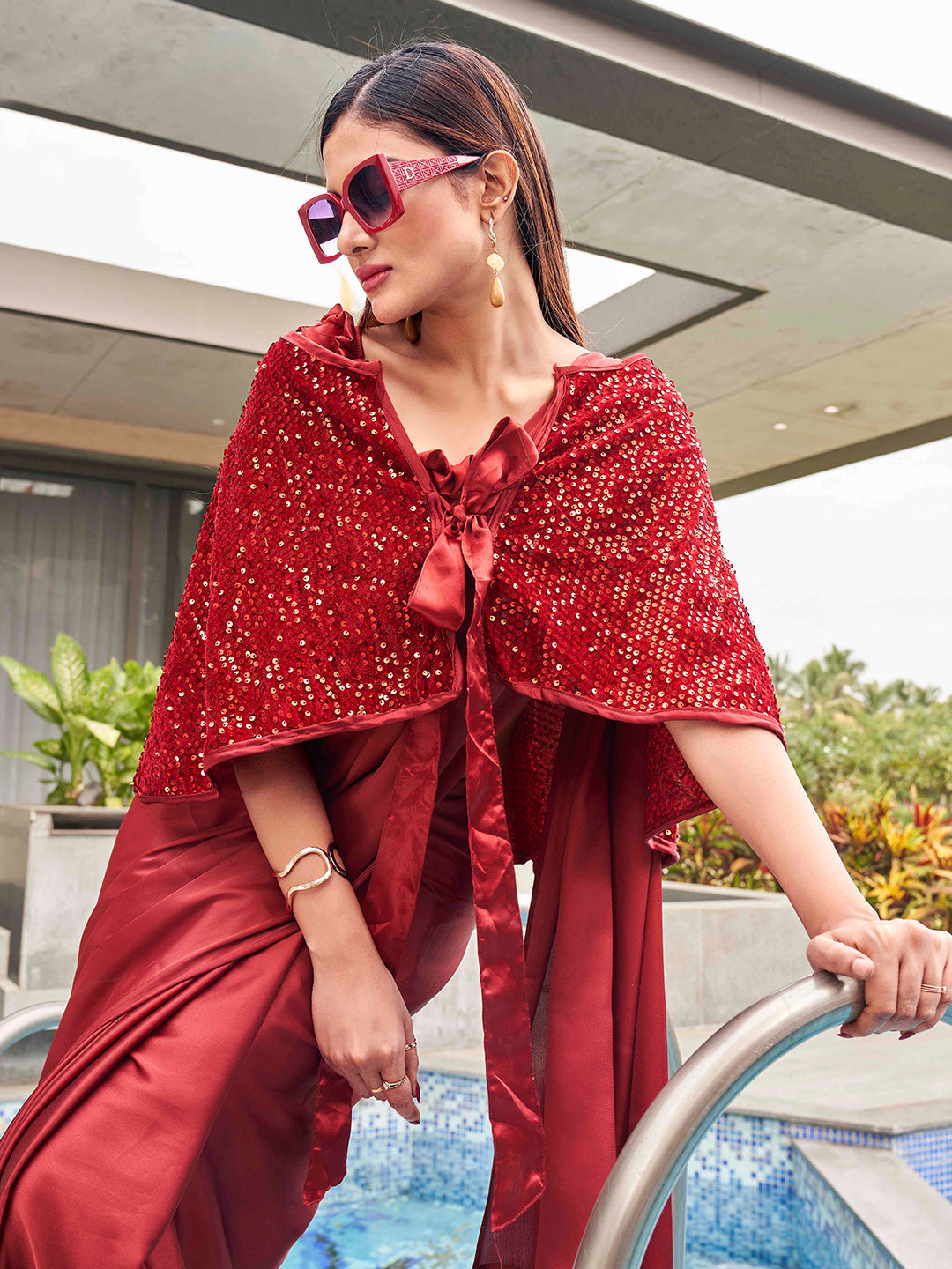 Tikhi Imli Party Satin Saree With Sequined Cape
