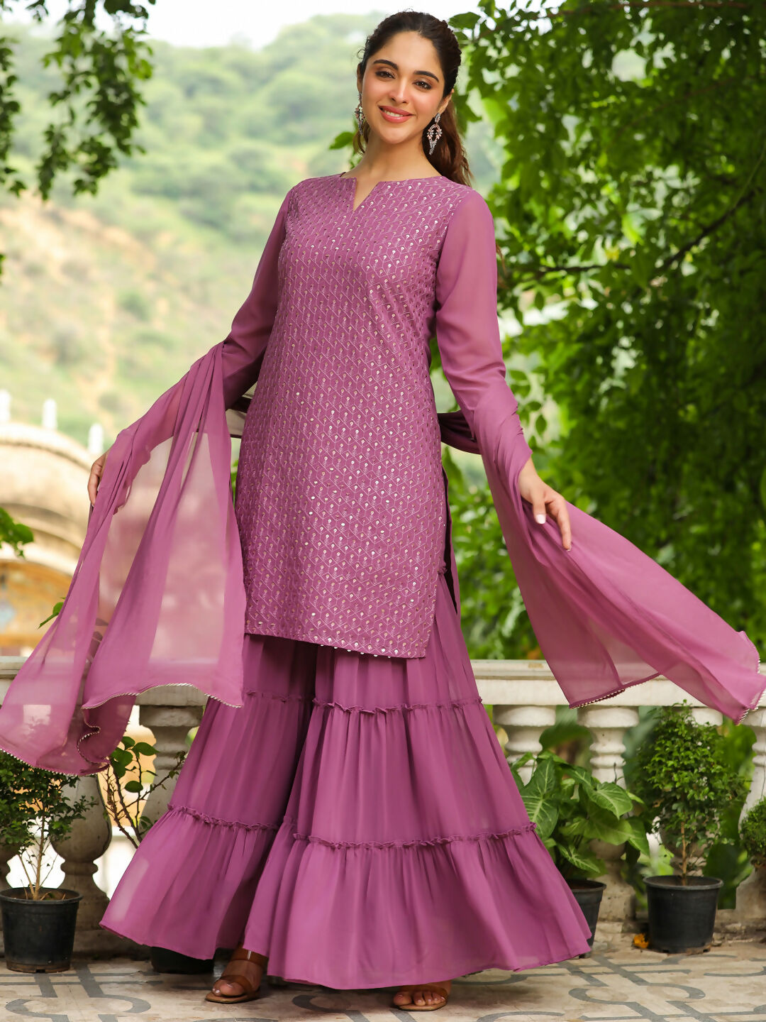 Janasya Lavender Georgette Embroidered Kurta,Bottom & Dupatta