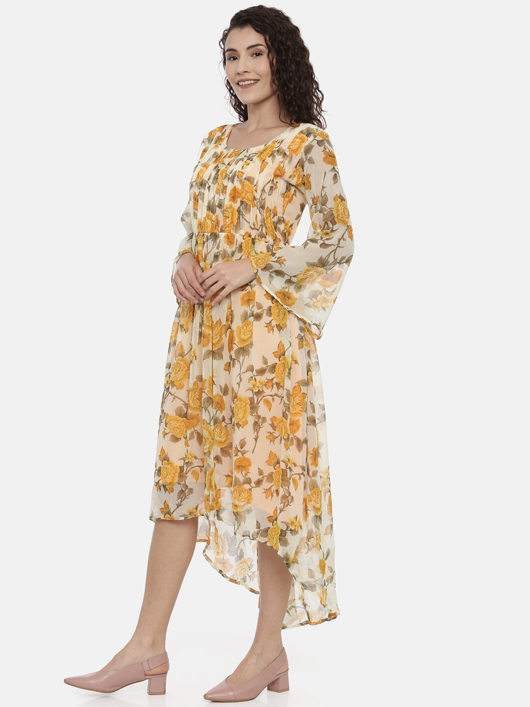 Souchii Cream-Coloured Floral Printed A-Line Dress