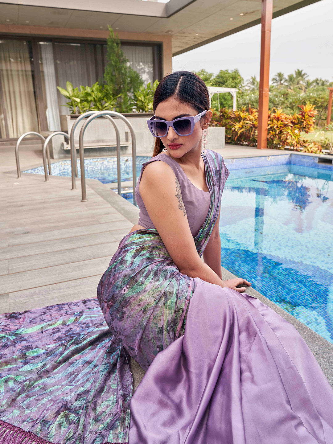 Tikhi Imli Mauve Abstract Printed Satin Half and Half Saree
