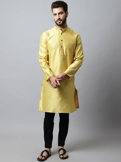 Even Apparels Yellow Color Art Silk Banarsi Silk Men's Kurta With Band Collar (BS017)