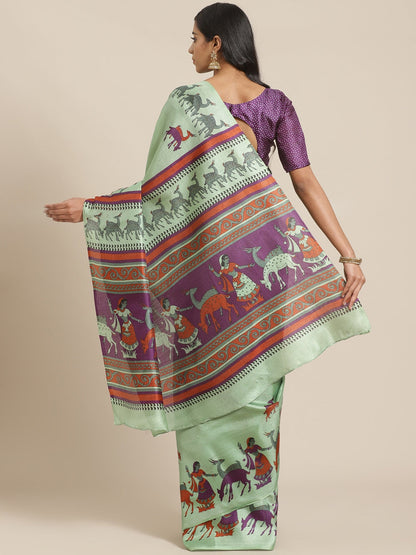 Saree Mall Green & Purple Ethnic Motifs Print Bhagalpuri Saree