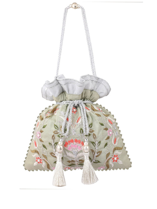 Masq Green & Pink Embellished Embroidered Potli Clutch