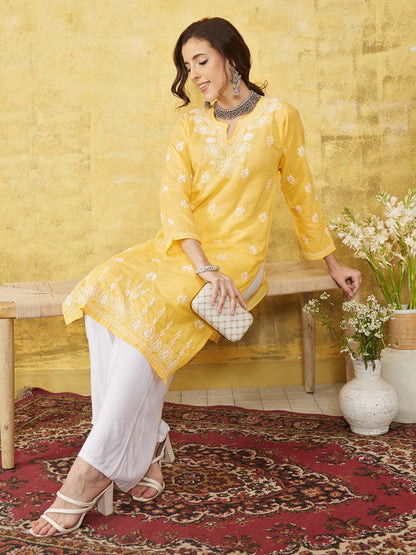 ADA Women Yellow & White Chikankari Embroidered Straight Sustainable Handloom Kurta