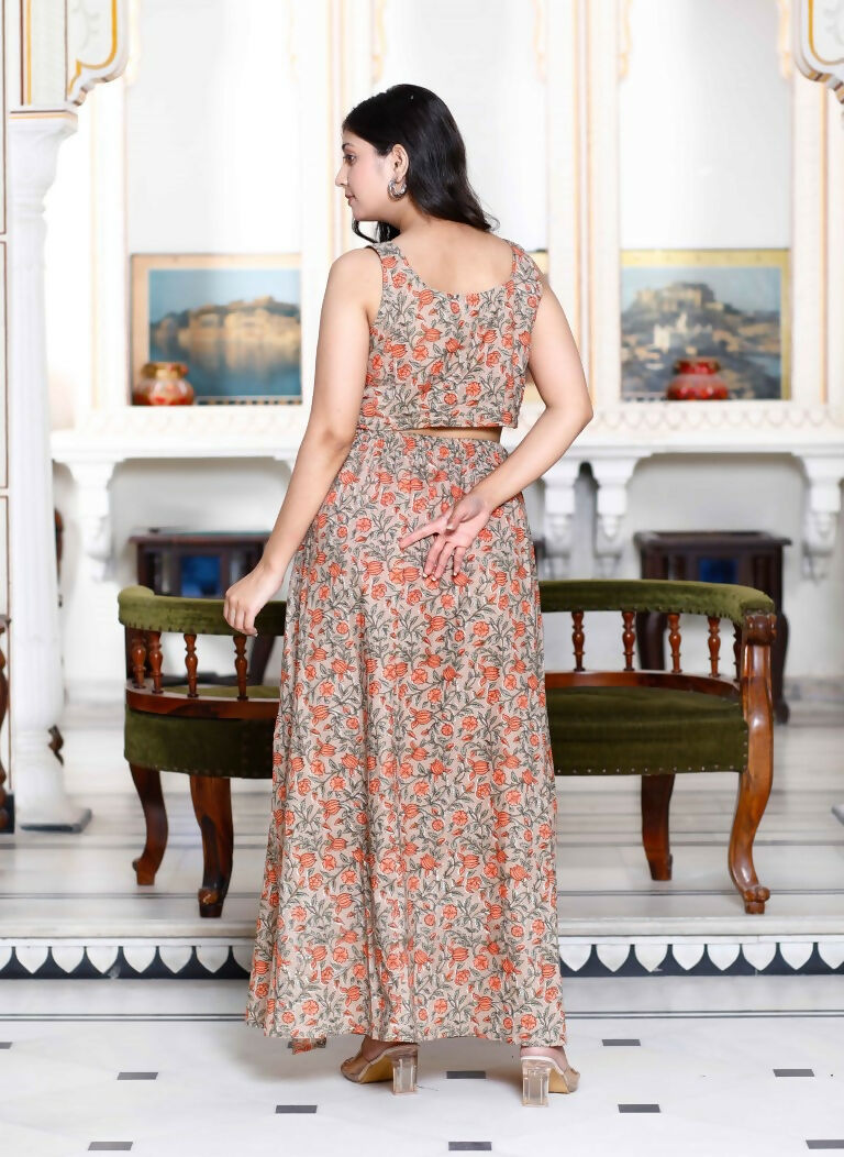 Miravan Women's Brown Floral Printed Crop Top And Skirt Co-Ord Set