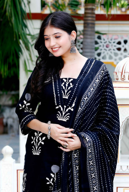 Miravan Women's Cotton Gota Patti Black Floral Printed Straight Kurta Palazzo With Dupatta Set