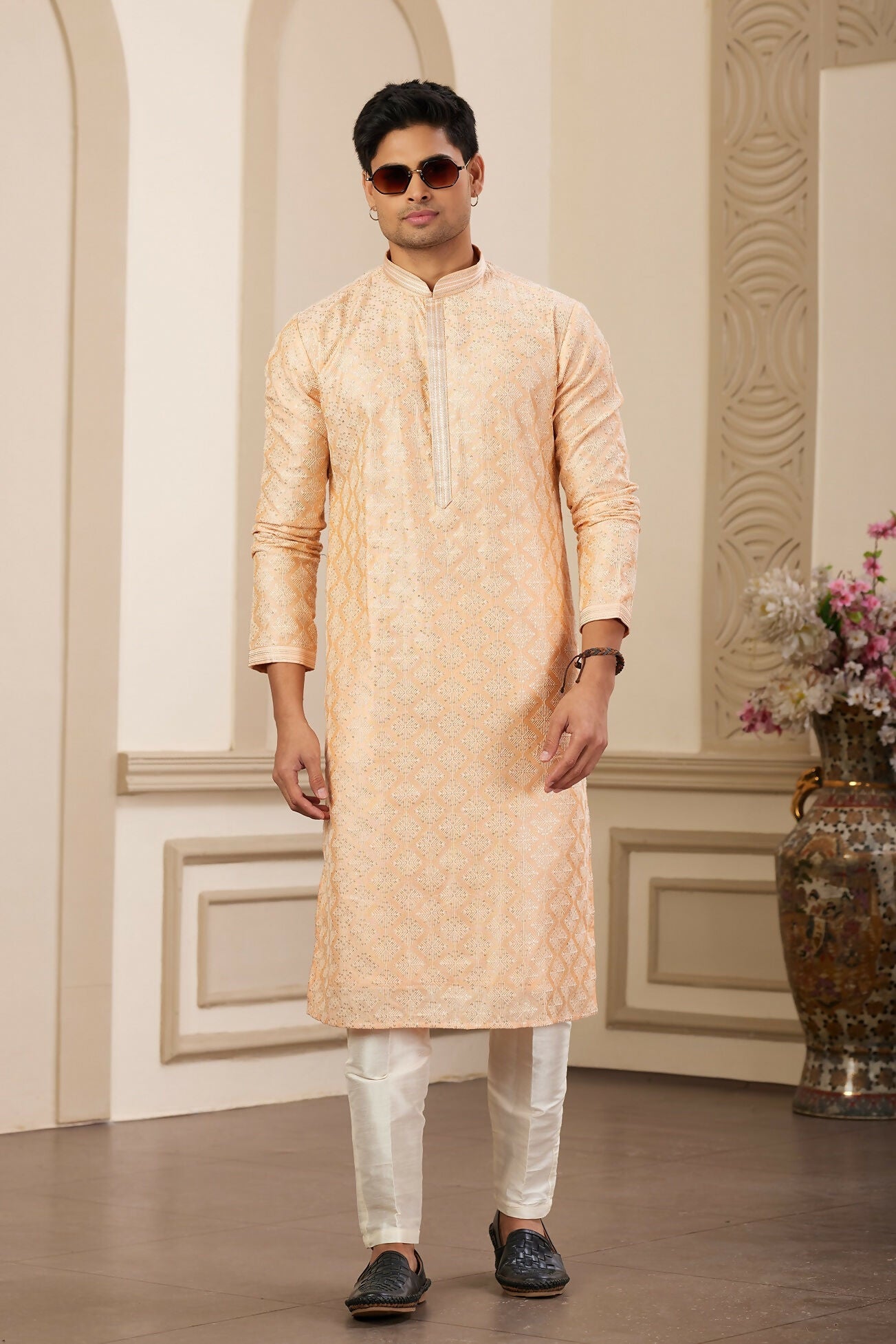 Raivat Ethnic Men's Art Silk Thread Work Kurta Pyjama In Peach Colour