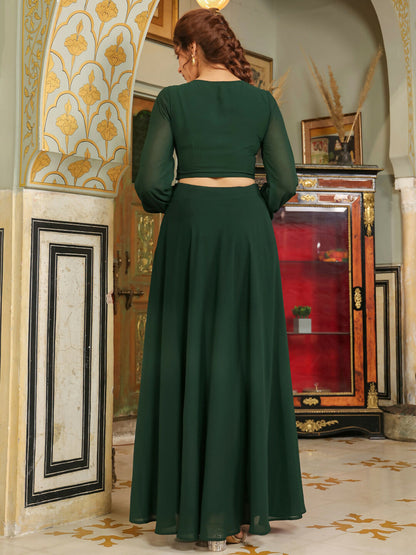 Janasya Dark Green Georgette Embroidered Top & Skirt