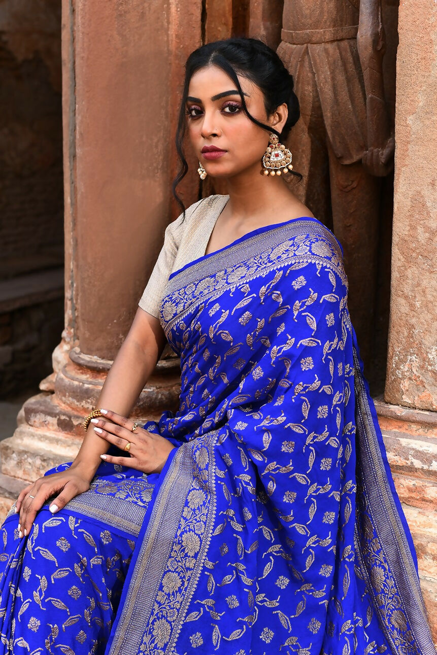 Joban Fashion Violet Crepe Chiffon Pure Handloom Banarasi Silk Saree