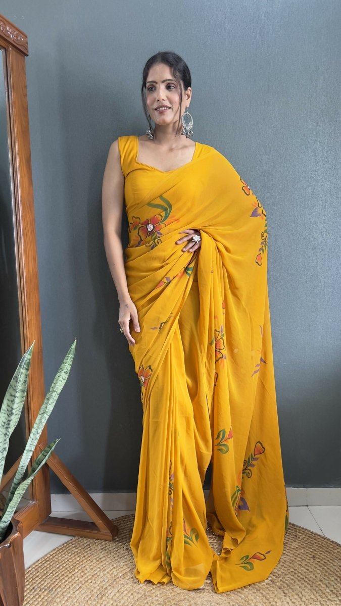 Aayaa Designer 1 min Hand Painted Ready to Wear saree - Mustard Yellow