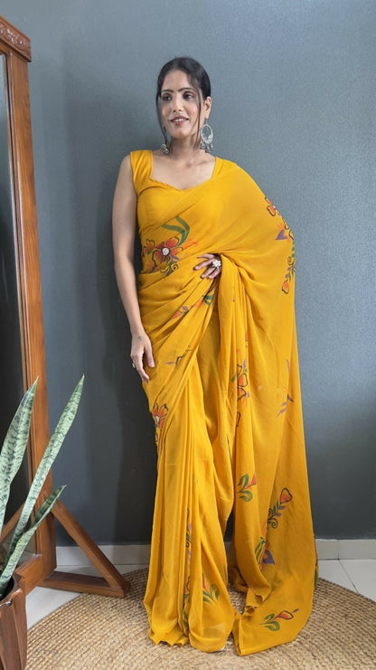 Aayaa Designer 1 min Hand Painted Ready to Wear saree - Mustard Yellow
