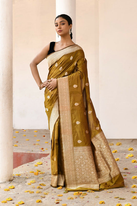 Joban Fashion Olive Pure Katan Pure Handloom Banarasi Silk Saree