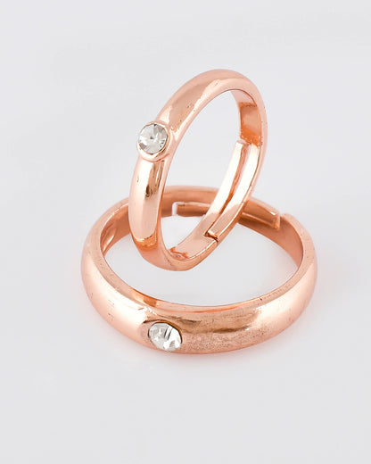 VOJ Stainless Steel Cubic Zirconia Gold-Polished Adjustable Couple Ring Set