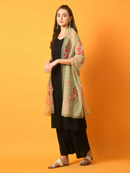 Myshka Women's Black Solid Anarkali Party Kurta Set With Printed Dupatta