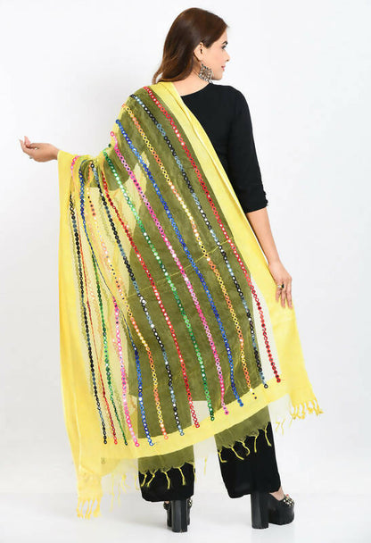 Mominos Fashion Moeza Women's Orgenza Multi Thread Mirror Work Lemon Yellow Dupatta
