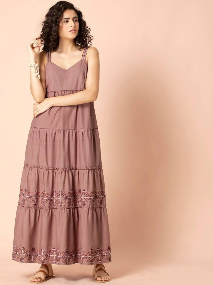 Indya Rose Pink Embroidered Tiered Maxi Dress
