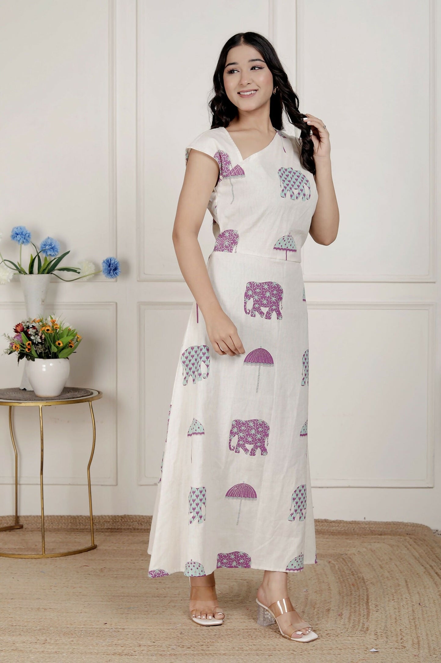 Miravan Womens Off-White Animal Printed Asymmetric Neck A-Line Maxi Dress