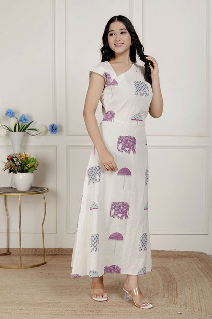Miravan Womens Off-White Animal Printed Asymmetric Neck A-Line Maxi Dress