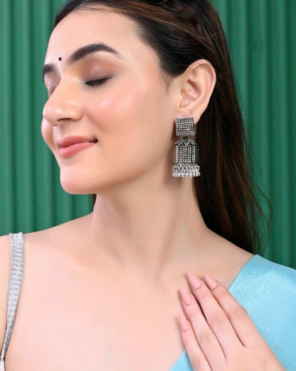 VOJ Black-Toned AD Studded Square Dome Shaped Jhumka Earrings
