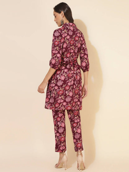 Janasya Women's Purple Cotton Floral Printed Casual Straight Kurta Set
