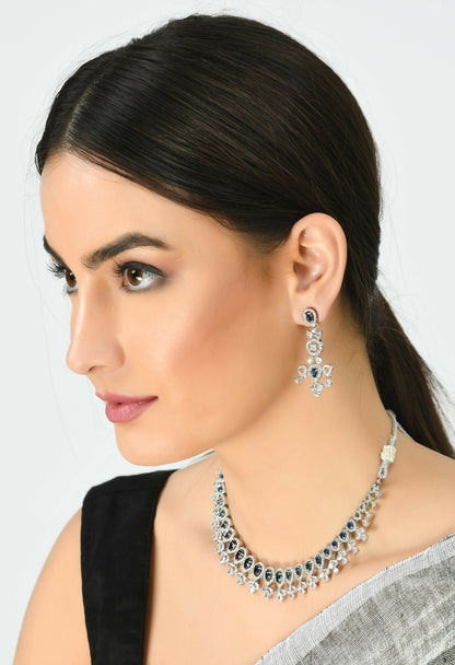 Mominos Fashion Johar Kamal Silver-Plated American Diamond Silver Blue Choker Set