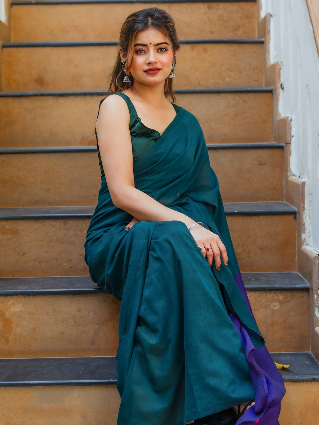 Zibaa Hand-Dyed Mul Cotton Peacock Green Saree with Tassels