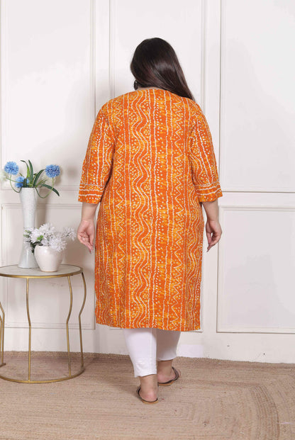 Miravan Women's Plus Size Yellow Bandhani Printed Straight Kurta