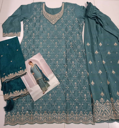 Vastranavya Exquisite Turquoise Heavy Chinon with Embroidered & Sequins Work Salwar Suits