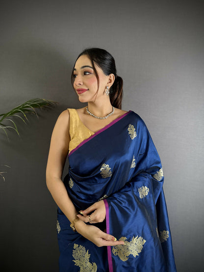 Joban Fashion Navy Blue Banarasi Lichi Silk Gold Zari Meena Saree